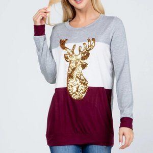 Christmas Reindeer Sequin Long Sleeve Top